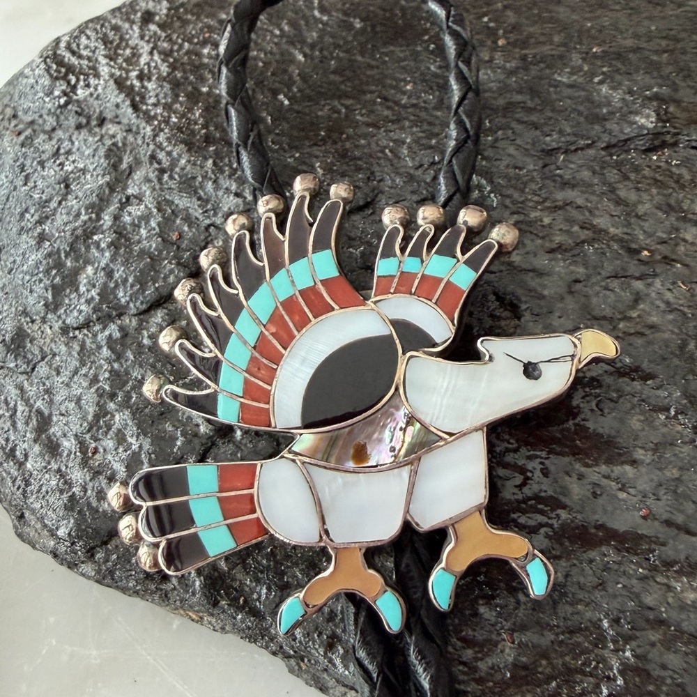 Vintage Charlotte Dishta Zuni Multi Stone Eagle Bolo - Picture 10 of 11